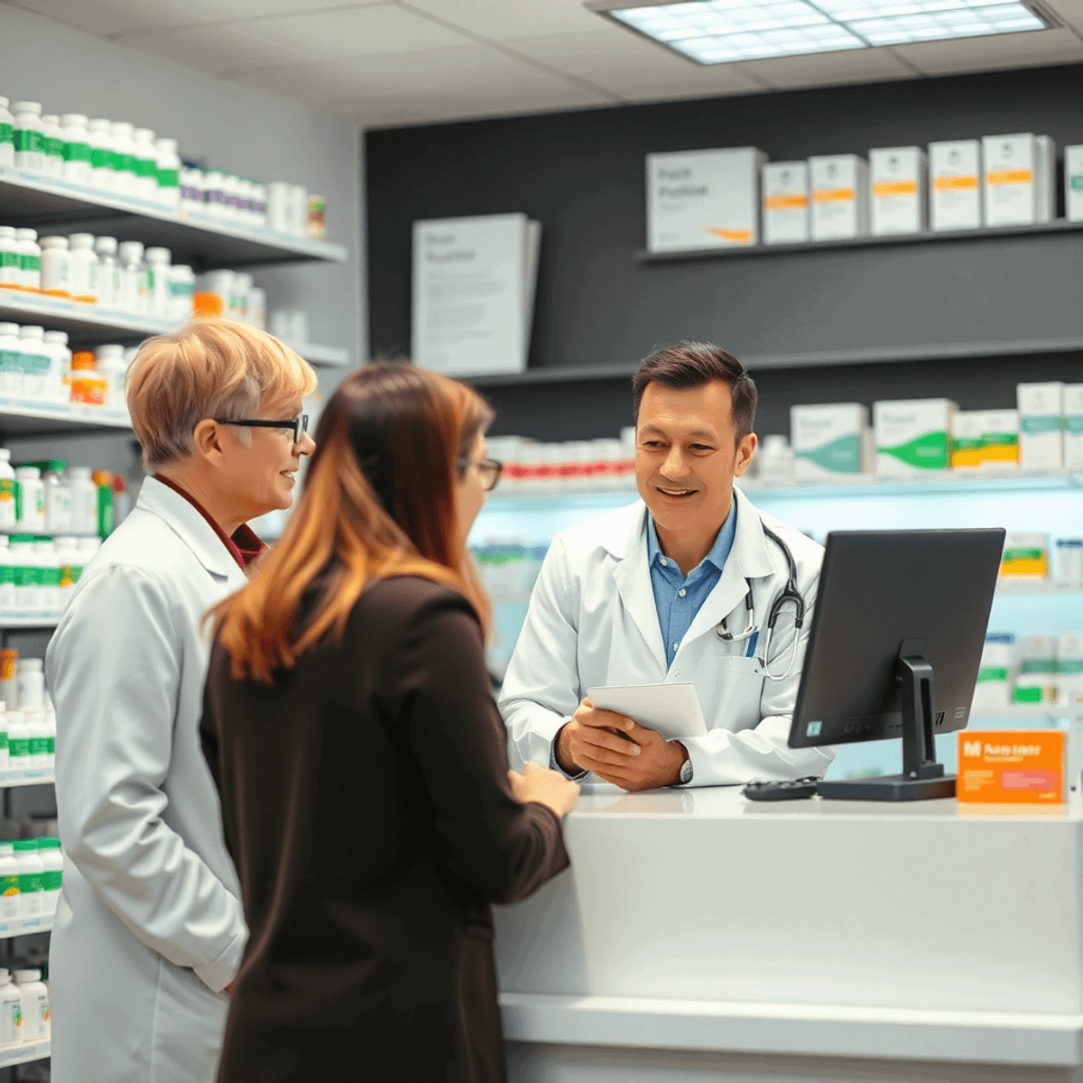 A modern pharmacy counter with a pharmacist consulting a patient, shelves of medication visible in the background.