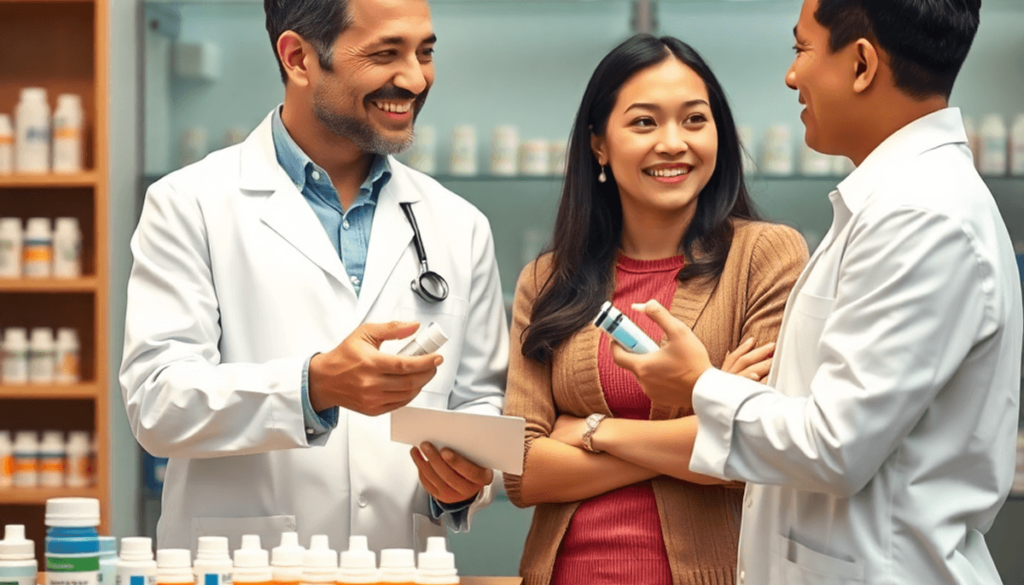 A pharmacist consulting a patient about asthma medication at a modern pharmacy counter with inhalers and prescription bottles visible.