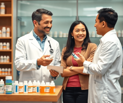 A pharmacist consulting a patient about asthma medication at a modern pharmacy counter with inhalers and prescription bottles visible.