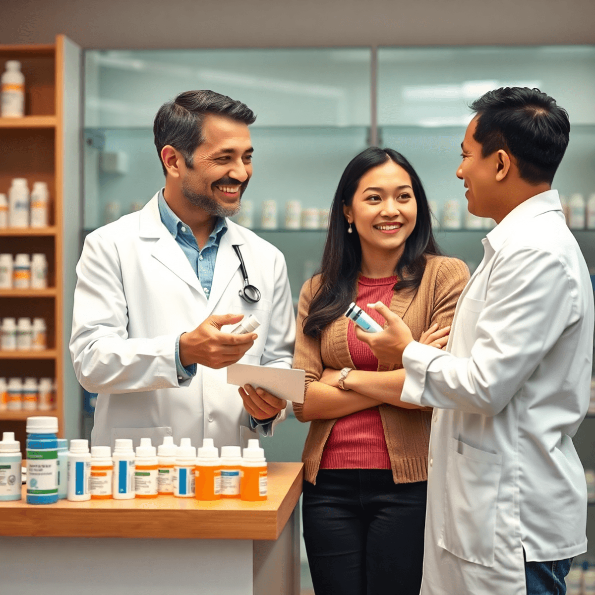 A pharmacist consulting a patient about asthma medication at a modern pharmacy counter with inhalers and prescription bottles visible.