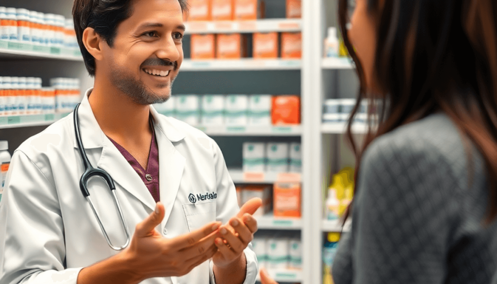 A pharmacist consulting a patient in a modern pharmacy with shelves of wart treatment products in the background.