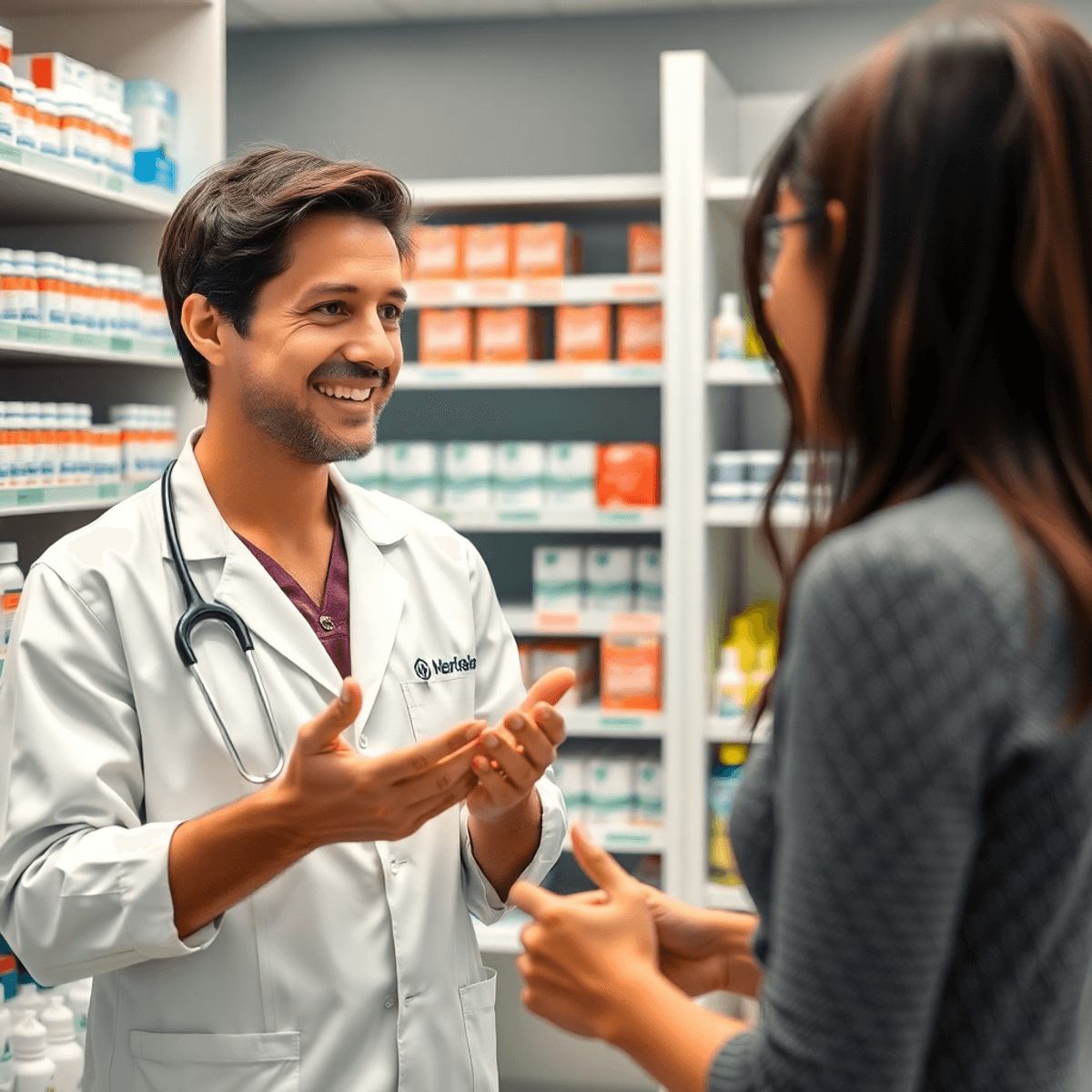 A pharmacist consulting a patient in a modern pharmacy with shelves of wart treatment products in the background.