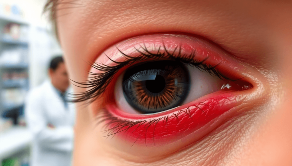 Close-up of a red, swollen eyelid with a painful bump, with a pharmacist in a white coat consulting in a bright, modern pharmacy.