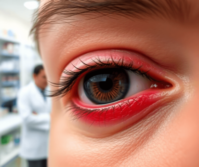 Close-up of a red, swollen eyelid with a painful bump, with a pharmacist in a white coat consulting in a bright, modern pharmacy.