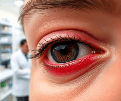 Close-up of a red, swollen eyelid with a painful bump, with a pharmacist in a white coat consulting in a bright, modern pharmacy.