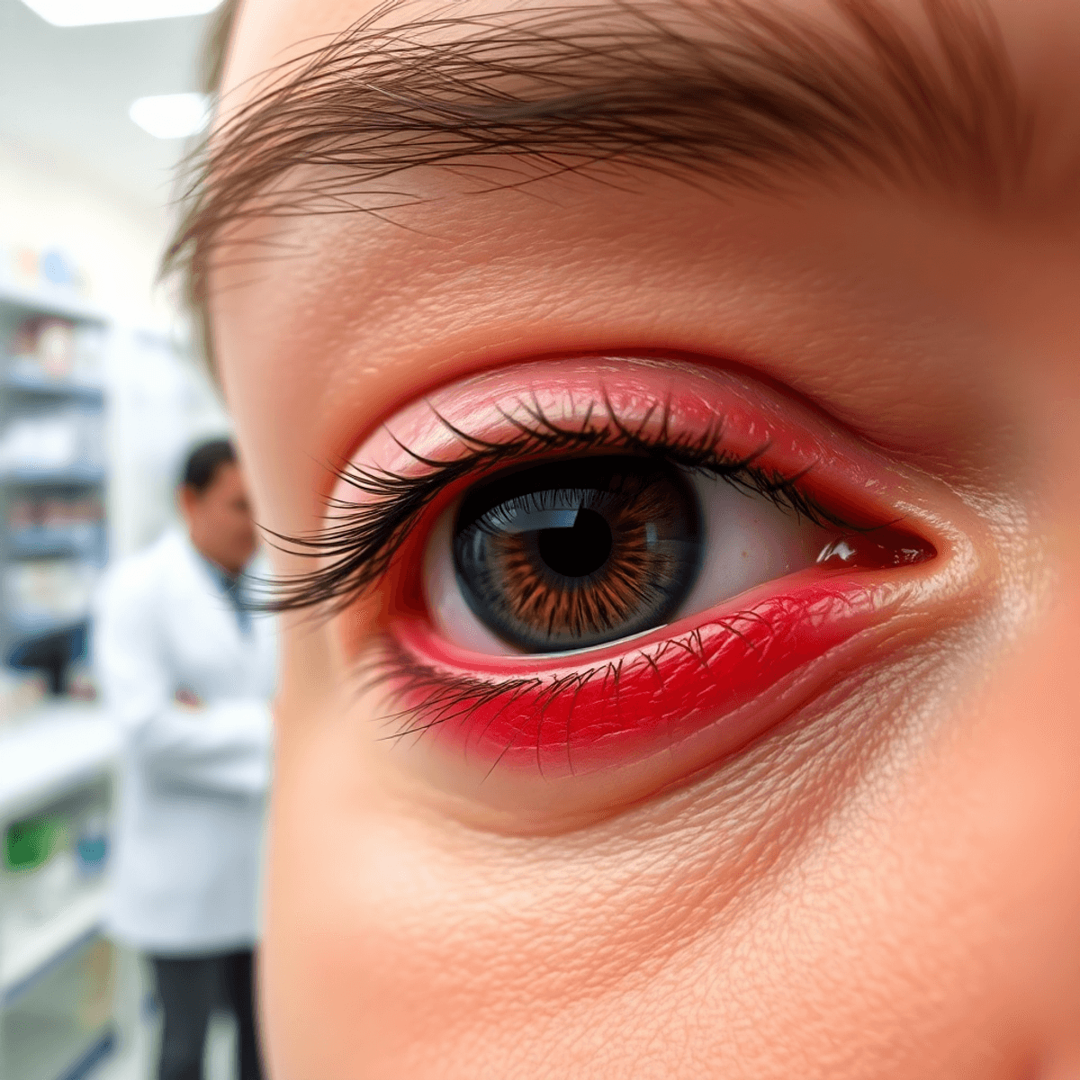 Close-up of a red, swollen eyelid with a painful bump, with a pharmacist in a white coat consulting in a bright, modern pharmacy.