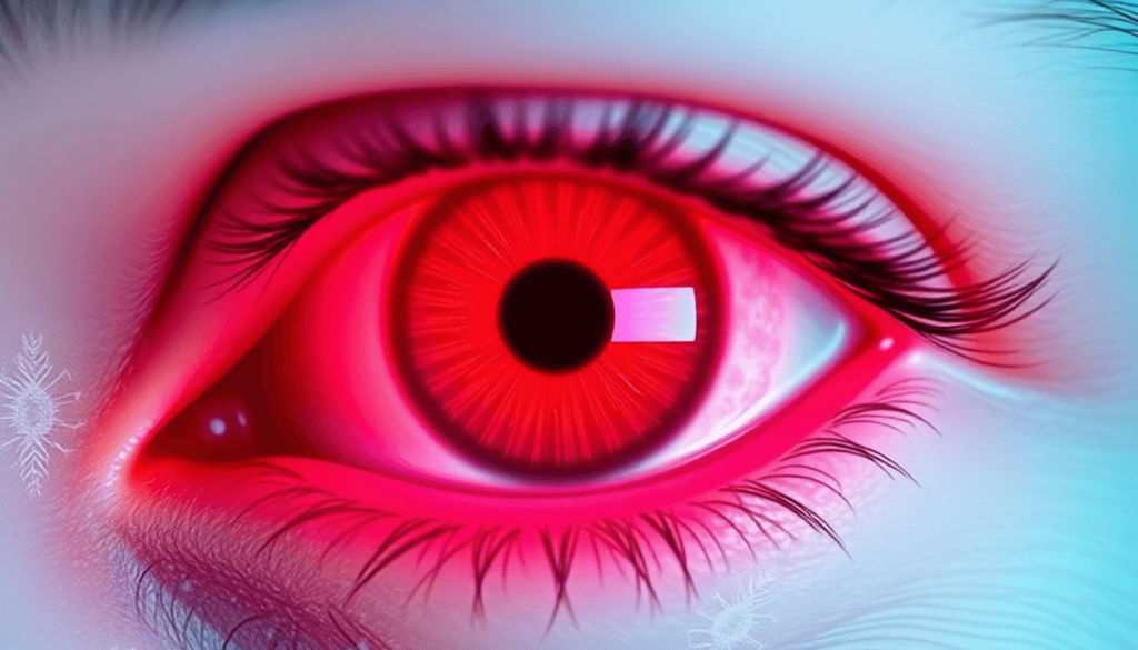 Close-up of a red, watery human eye surrounded by illustrations of pollen, dust mites, and pet dander, representing allergic conjunctivitis and eye...