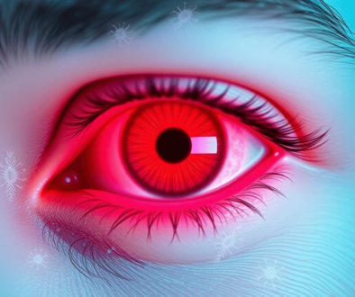 Close-up of a red, watery human eye surrounded by illustrations of pollen, dust mites, and pet dander, representing allergic conjunctivitis and eye...