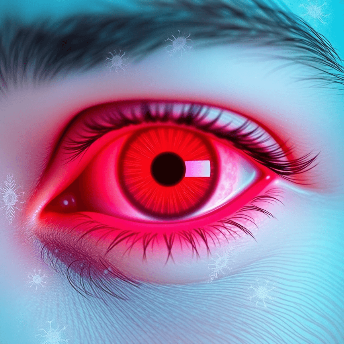 Close-up of a red, watery human eye surrounded by illustrations of pollen, dust mites, and pet dander, representing allergic conjunctivitis and eye...