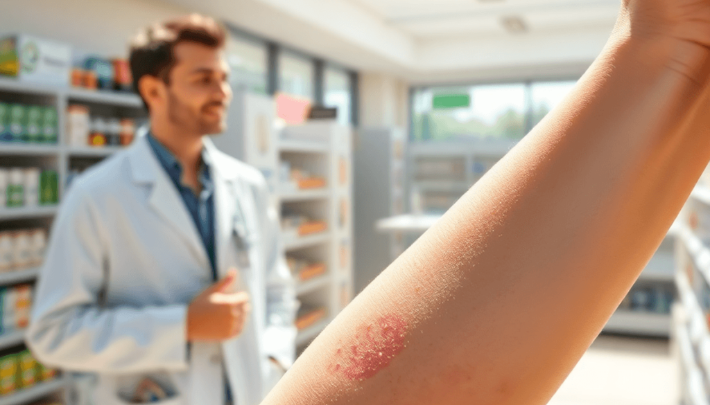 Close-up of an arm with a mild sun rash, a pharmacist in a white coat offering advice inside a bright, modern pharmacy.