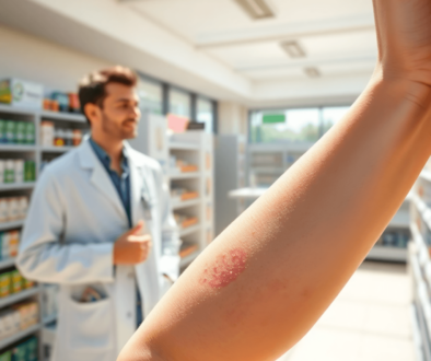 Close-up of an arm with a mild sun rash, a pharmacist in a white coat offering advice inside a bright, modern pharmacy.