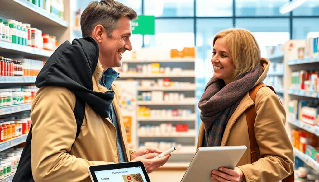 Pharmacist assisting a traveler with medication in a modern pharmacy, surrounded by medicine shelves and a tablet showing a digital prescription in...