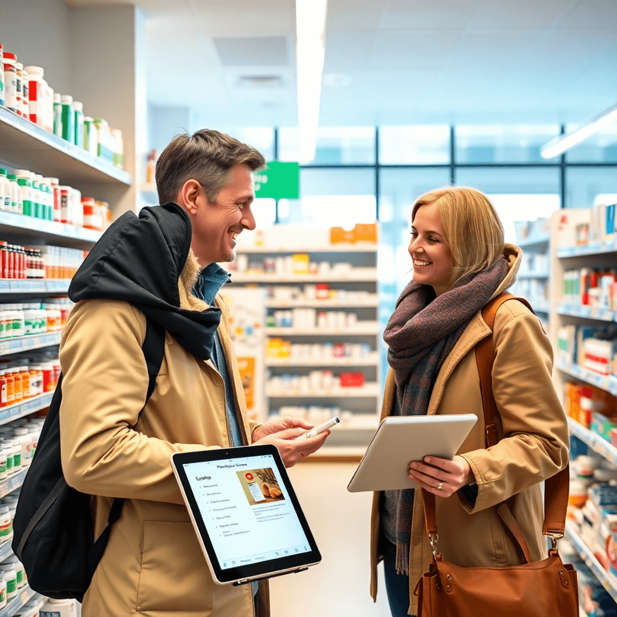 Pharmacist assisting a traveler with medication in a modern pharmacy, surrounded by medicine shelves and a tablet showing a digital prescription in...