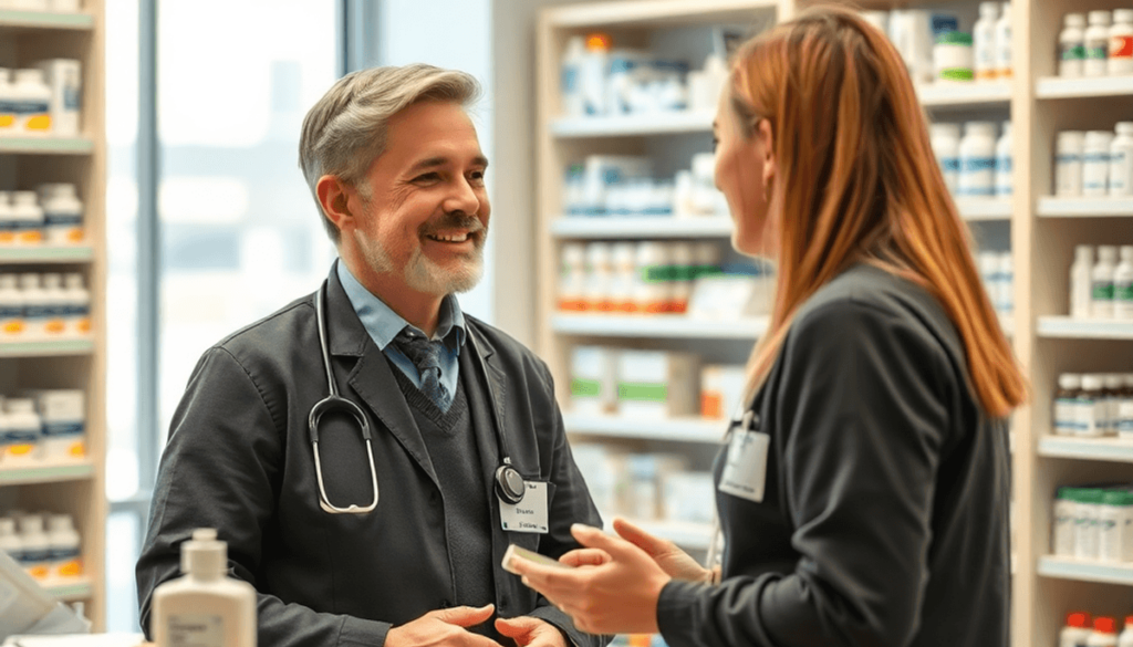 Pharmacist consulting a patient in a modern pharmacy with shelves of medicines and healthcare products.