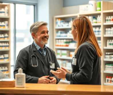 Pharmacist consulting a patient in a modern pharmacy with shelves of medicines and healthcare products.