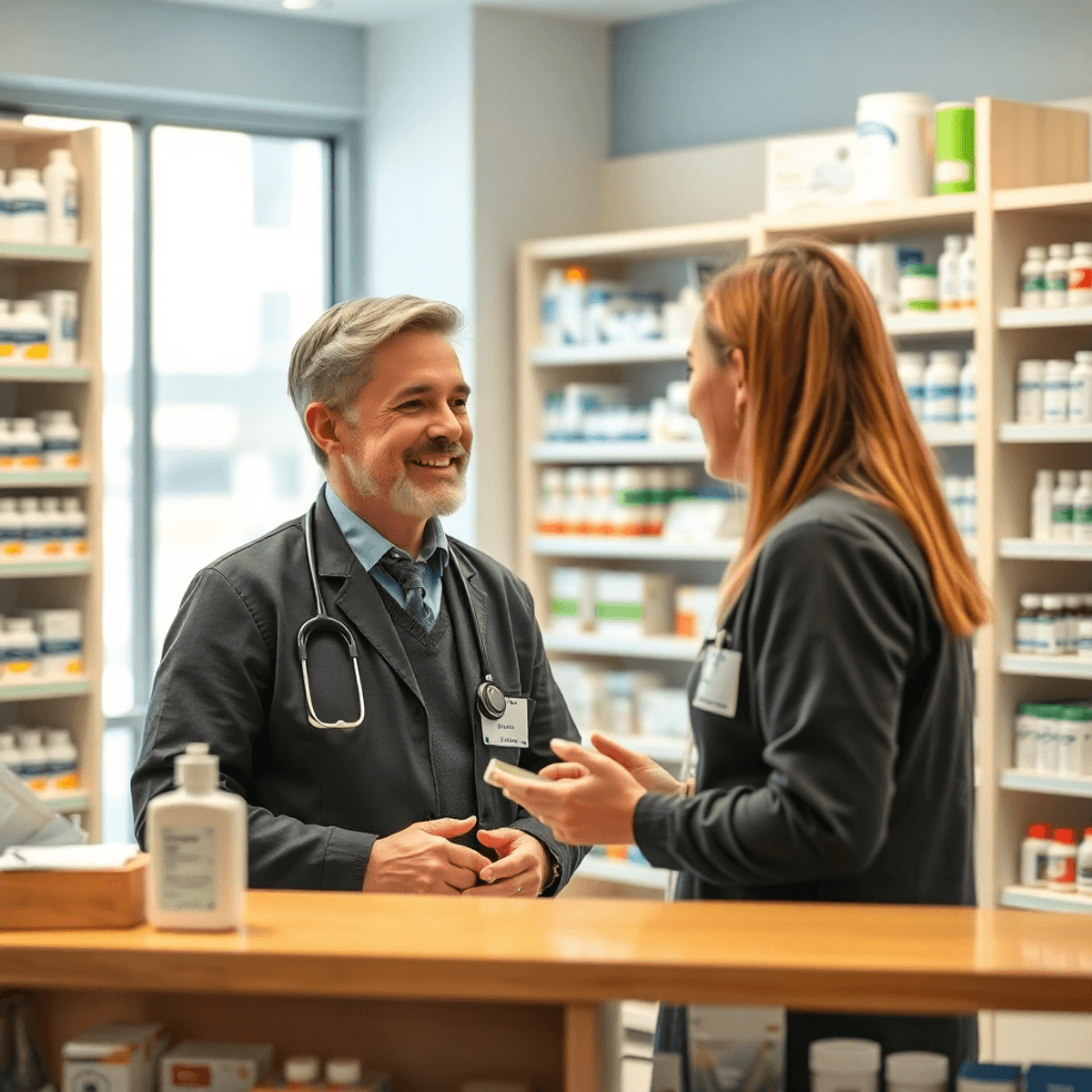 Pharmacist consulting a patient in a modern pharmacy with shelves of medicines and healthcare products.