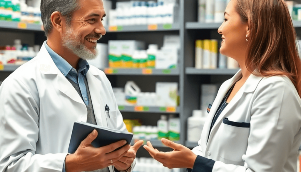 Pharmacist consulting a patient in a modern pharmacy, surrounded by shelves of medications and health products.