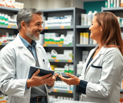 Pharmacist consulting a patient in a modern pharmacy, surrounded by shelves of medications and health products.