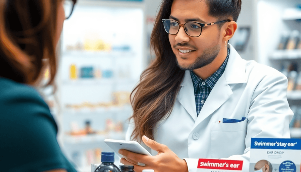 Pharmacist consulting patient about ear care with ear drop products and swimmer's ear brochures on the pharmacy counter.