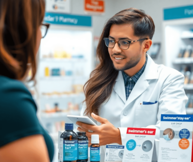 Pharmacist consulting patient about ear care with ear drop products and swimmer's ear brochures on the pharmacy counter.