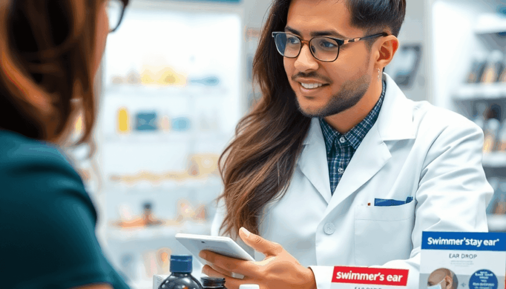 Pharmacist consulting patient about ear care with ear drop products and swimmer's ear brochures on the pharmacy counter.