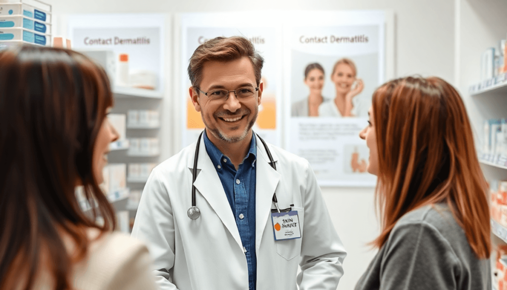 Pharmacist consulting patient about skincare in a bright, modern pharmacy with skincare products and contact dermatitis posters visible.