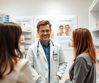 Pharmacist consulting patient about skincare in a bright, modern pharmacy with skincare products and contact dermatitis posters visible.