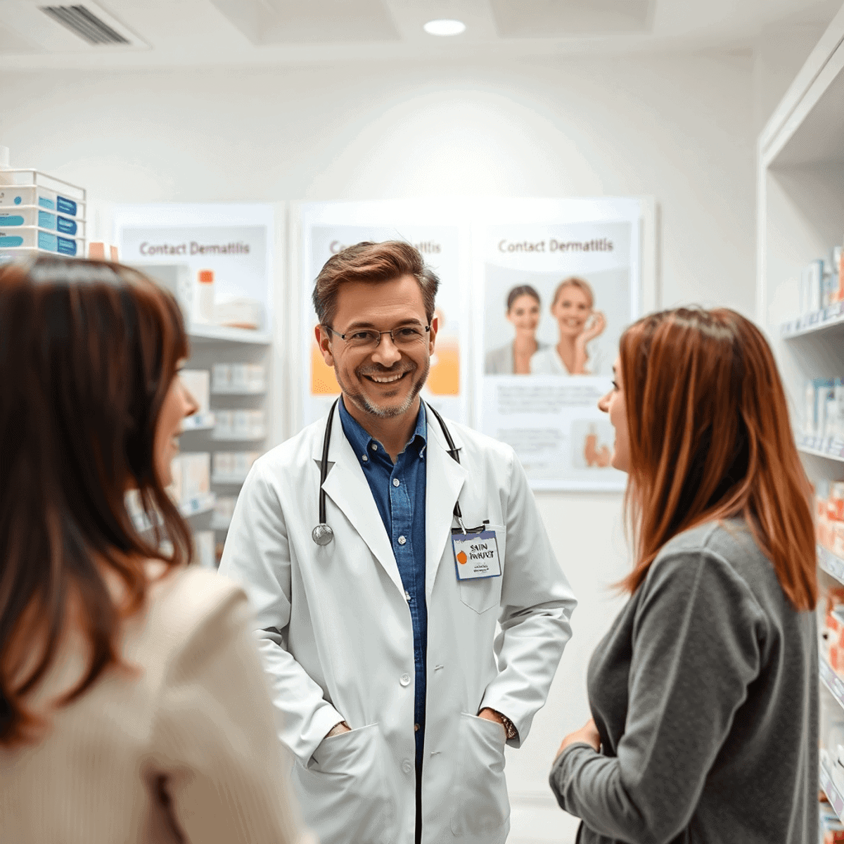 Pharmacist consulting patient about skincare in a bright, modern pharmacy with skincare products and contact dermatitis posters visible.