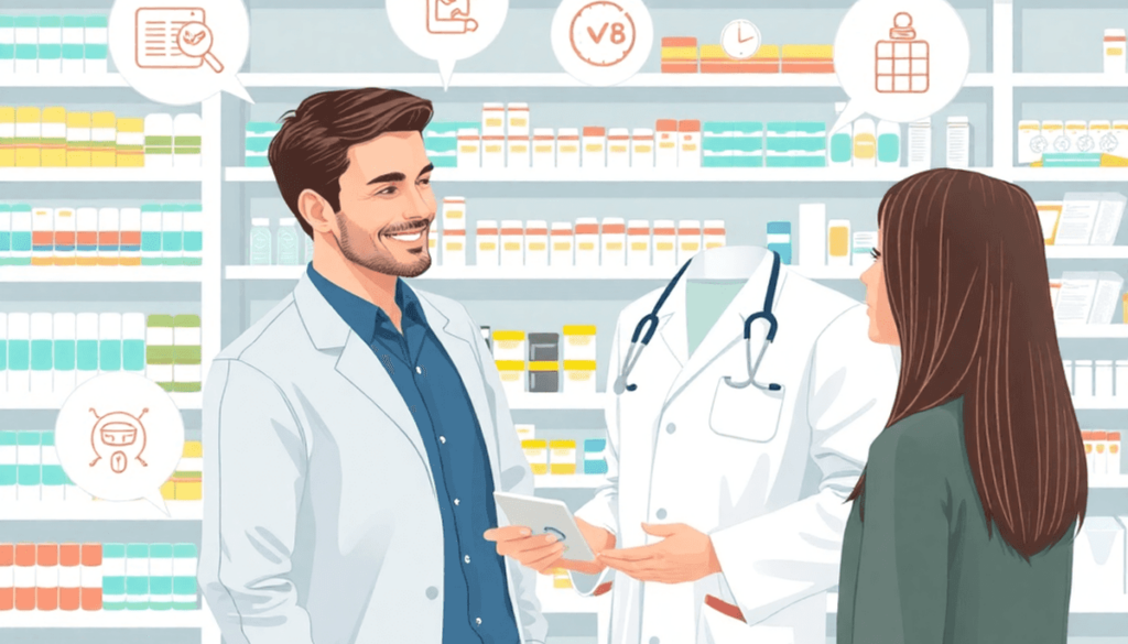 Pharmacist consulting patient in a modern pharmacy with medicine shelves and health icons for ailments and weight loss treatments.
