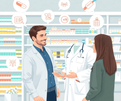 Pharmacist consulting patient in a modern pharmacy with medicine shelves and health icons for ailments and weight loss treatments.