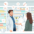 Pharmacist consulting patient in a modern pharmacy with medicine shelves and health icons for ailments and weight loss treatments.