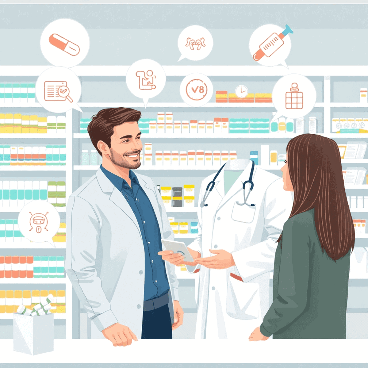 Pharmacist consulting patient in a modern pharmacy with medicine shelves and health icons for ailments and weight loss treatments.