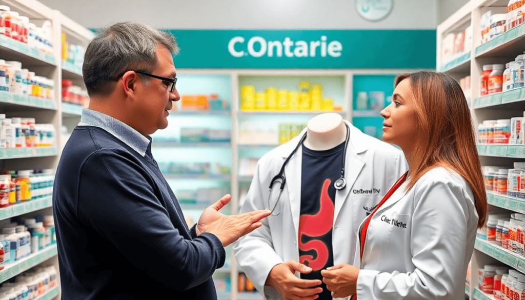 Pharmacist consulting with a patient about stomach health in a modern pharmacy with medication shelves and gastrointestinal care symbols.