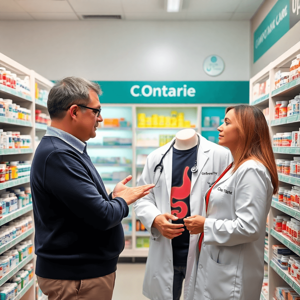Pharmacist consulting with a patient about stomach health in a modern pharmacy with medication shelves and gastrointestinal care symbols.