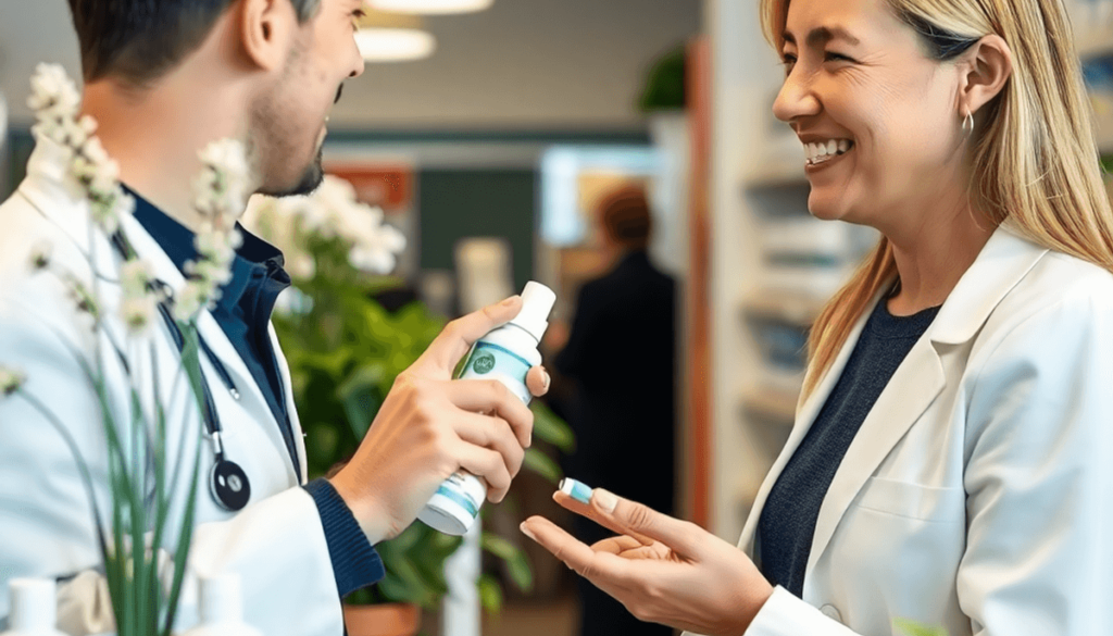 Pharmacist handing a nasal spray to a smiling customer in a modern pharmacy with allergy products and plants in the background.