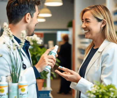 Pharmacist handing a nasal spray to a smiling customer in a modern pharmacy with allergy products and plants in the background.
