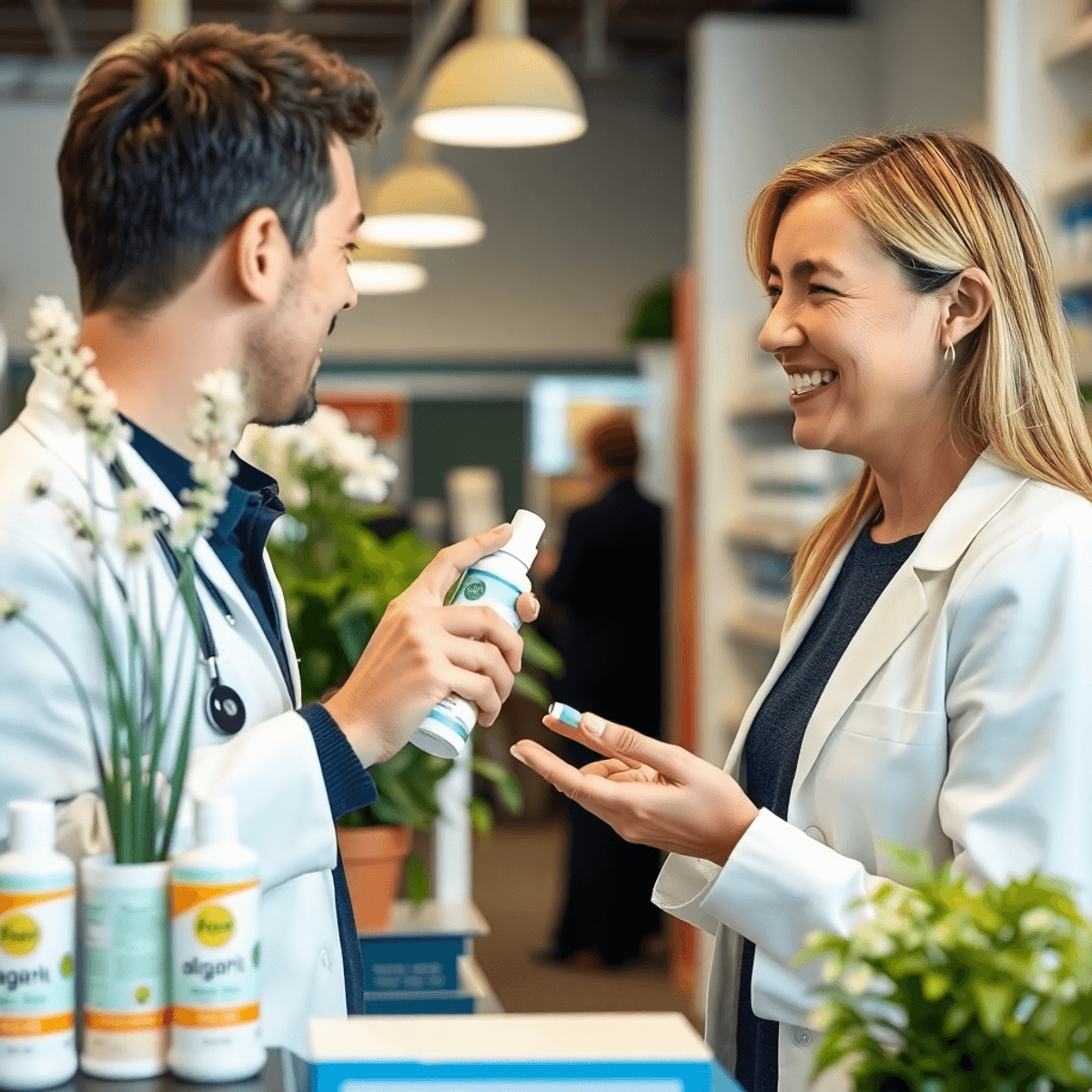 Pharmacist handing a nasal spray to a smiling customer in a modern pharmacy with allergy products and plants in the background.
