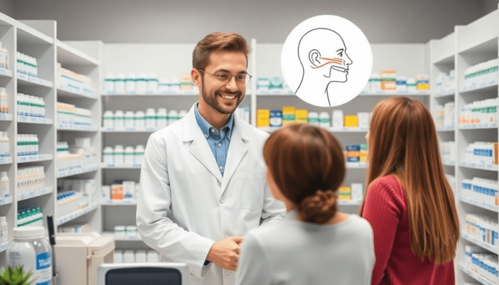 Pharmacist in white coat assisting patient at modern pharmacy counter with shelves of medications and sinus relief symbols displayed.
