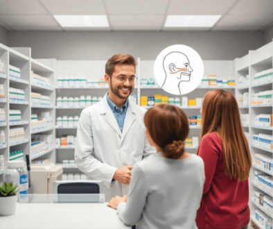 Pharmacist in white coat assisting patient at modern pharmacy counter with shelves of medications and sinus relief symbols displayed.