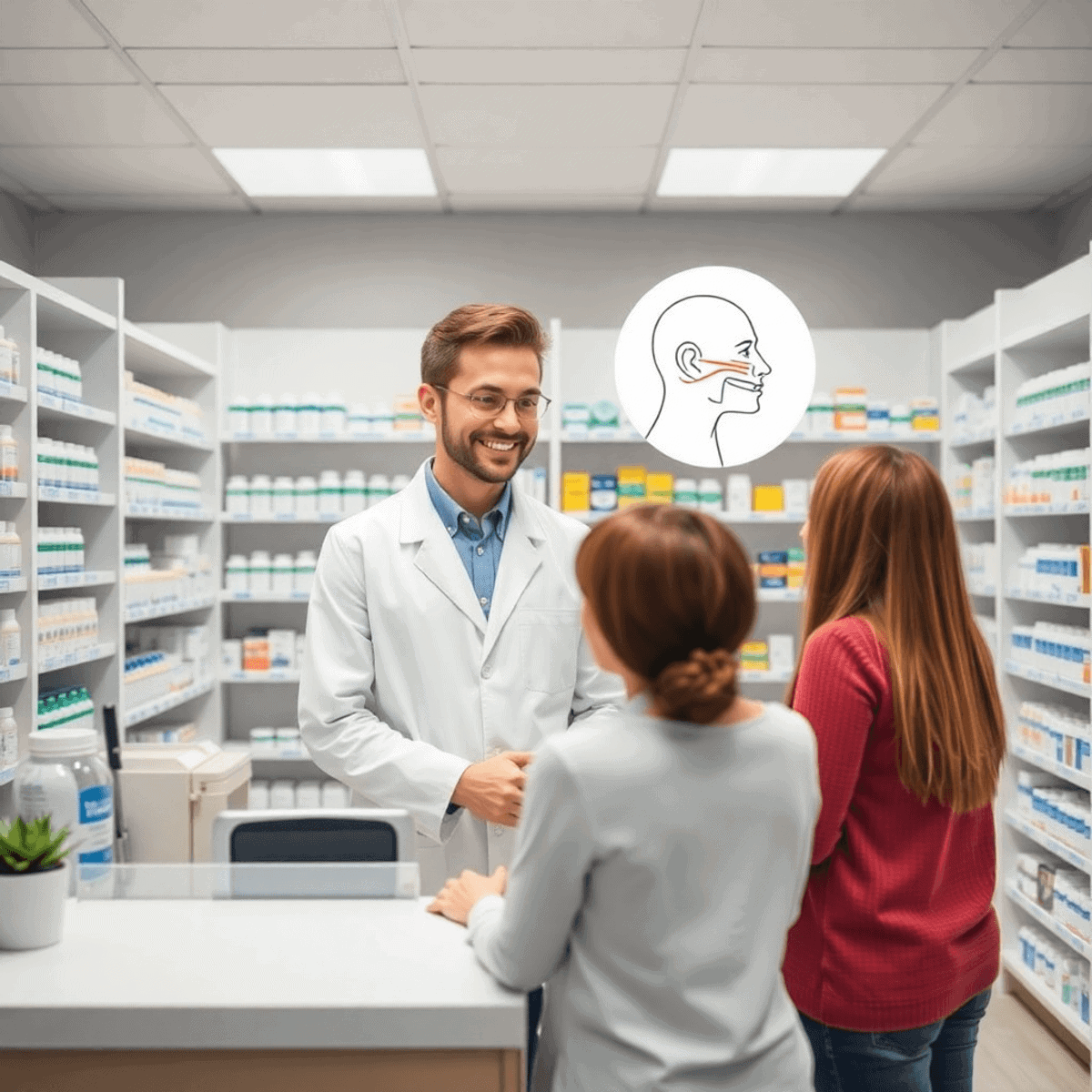 Pharmacist in white coat assisting patient at modern pharmacy counter with shelves of medications and sinus relief symbols displayed.