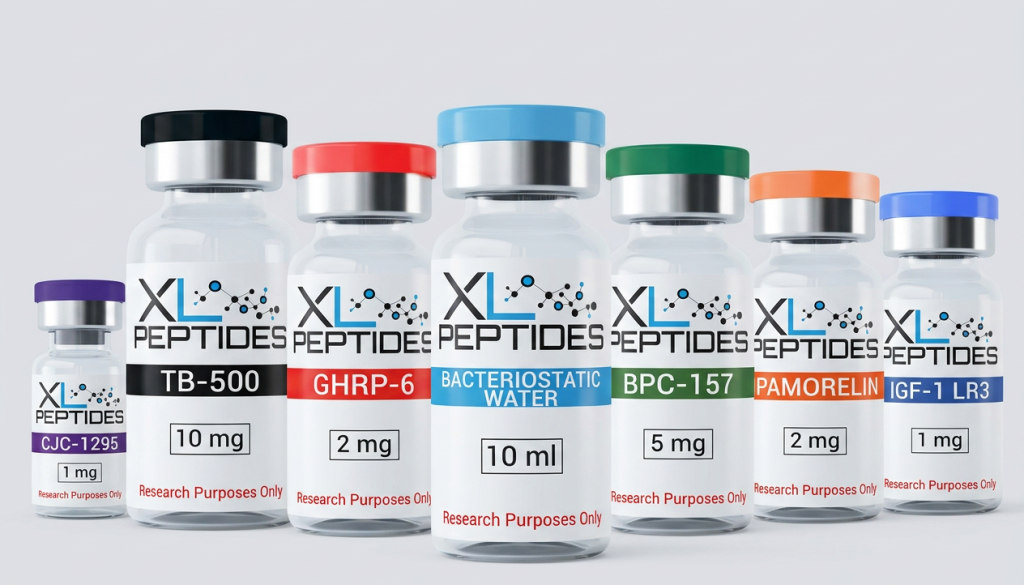 Six labeled vials of XL Peptides, each with a colored cap, stand in a row. Labels show different peptides and dosages, including TB-500, GHRP-6, Bacteriostatic Water, BPC-157, PAMORELIN, IGF-1 LR3, and CJC-1295.