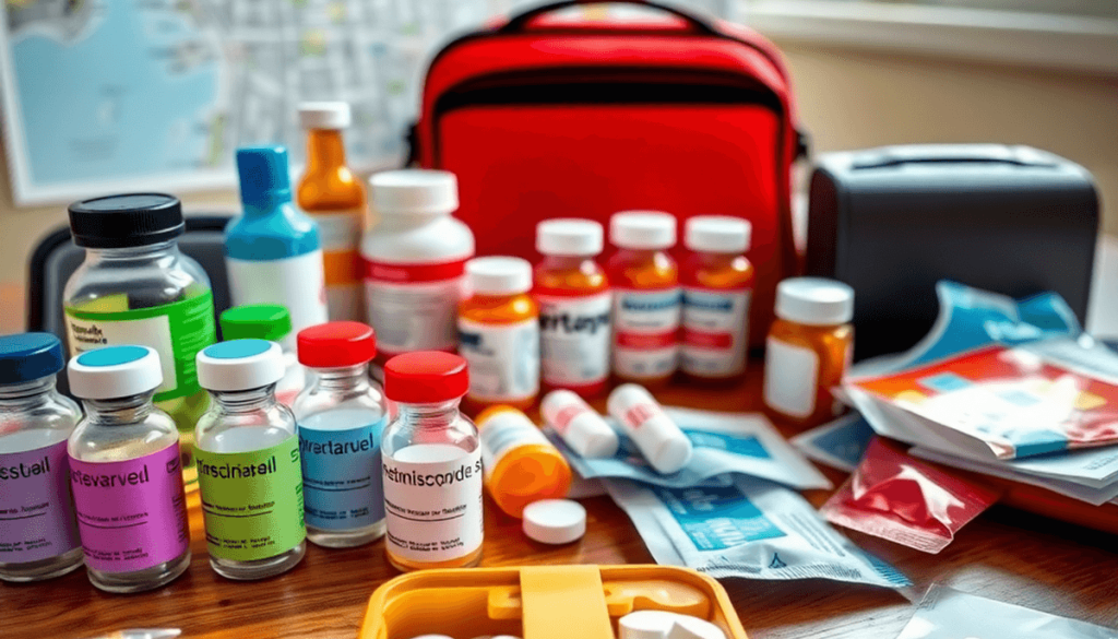 Travel essentials on a wooden table: vaccine vials, prescription bottles, first aid kit, and a Toronto map under soft natural light.