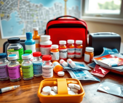 Travel essentials on a wooden table: vaccine vials, prescription bottles, first aid kit, and a Toronto map under soft natural light.