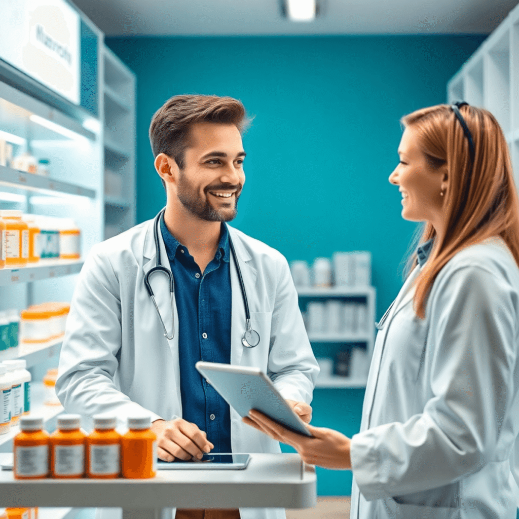 A bright pharmacy with a friendly pharmacist consulting a young adult, showing medicine bottles, prescription symbols, and a digital tablet for onl...