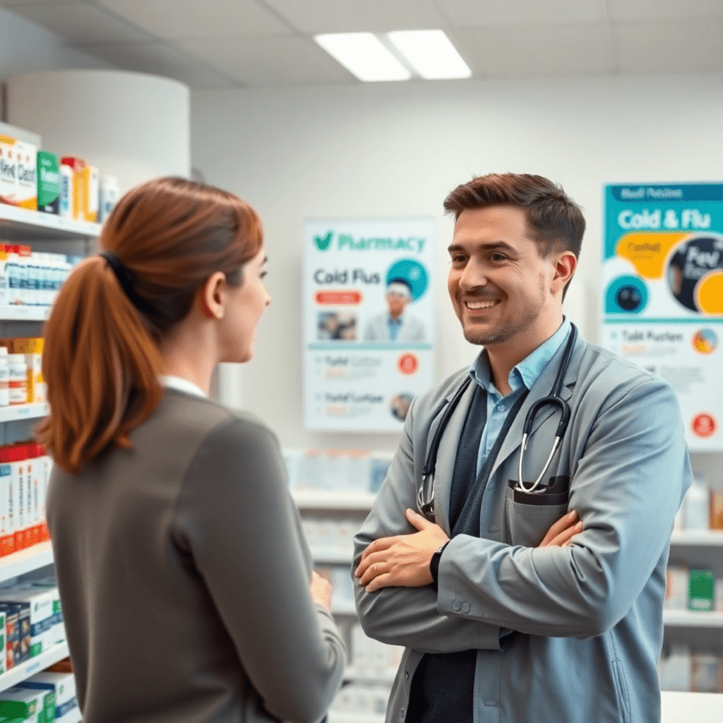 A friendly pharmacist consulting with a patient in a bright, modern pharmacy surrounded by medicine shelves and health posters about cold and flu a...