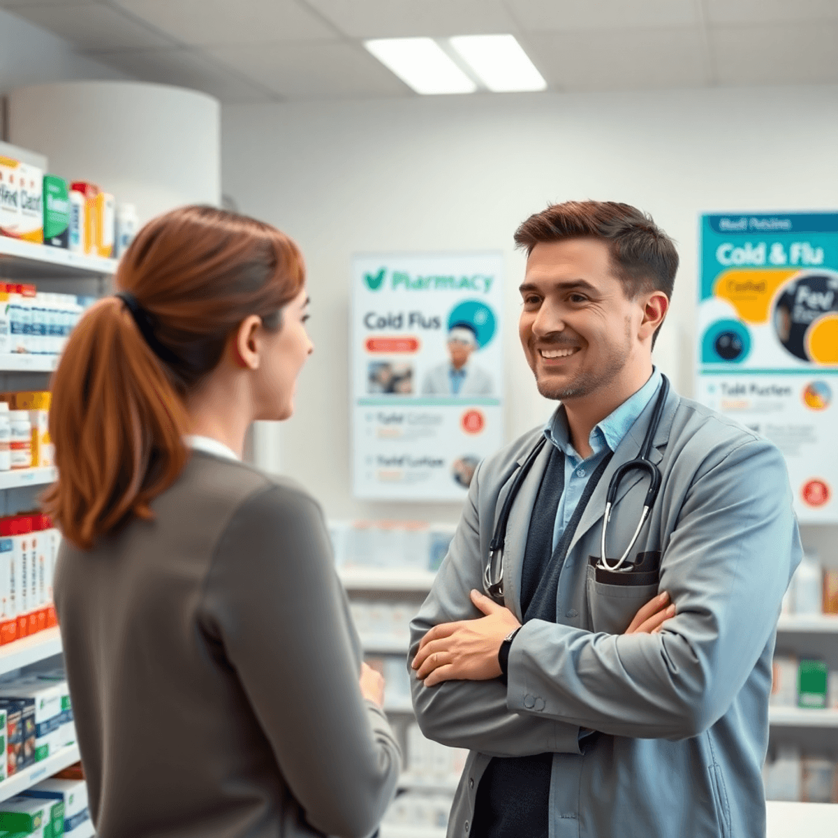A friendly pharmacist consulting with a patient in a bright, modern pharmacy surrounded by medicine shelves and health posters about cold and flu a...