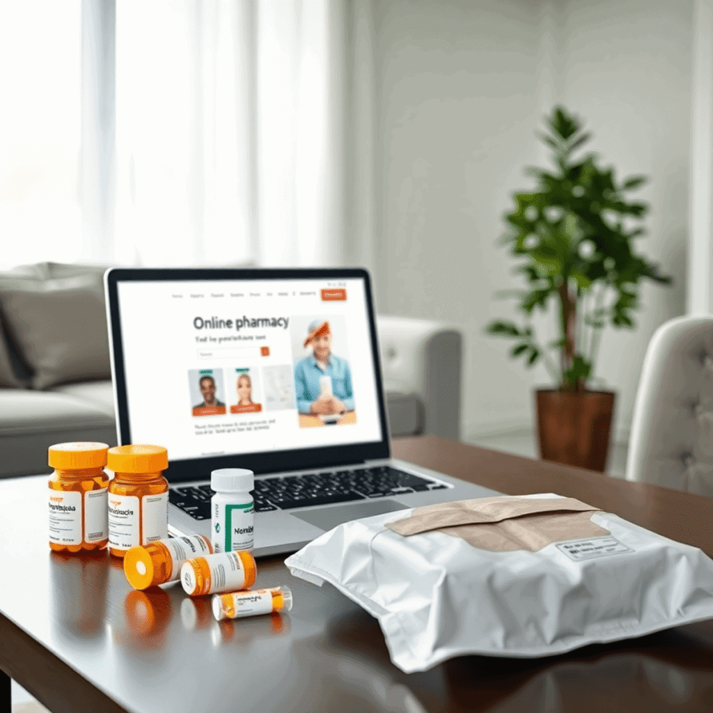A modern home scene with a laptop showing an online pharmacy, prescription bottles, and a delivery package on a table.