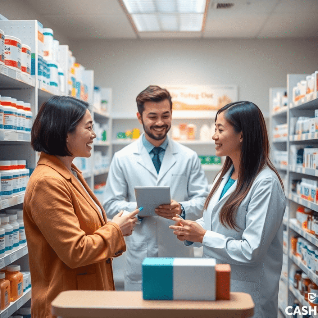 A modern pharmacy interior with a pharmacist consulting a patient, surrounded by medicine shelves and prescription bottles.