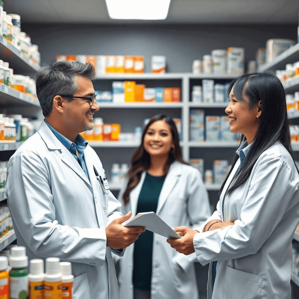 A modern pharmacy with a pharmacist consulting a patient, surrounded by medication shelves and prescription bottles.