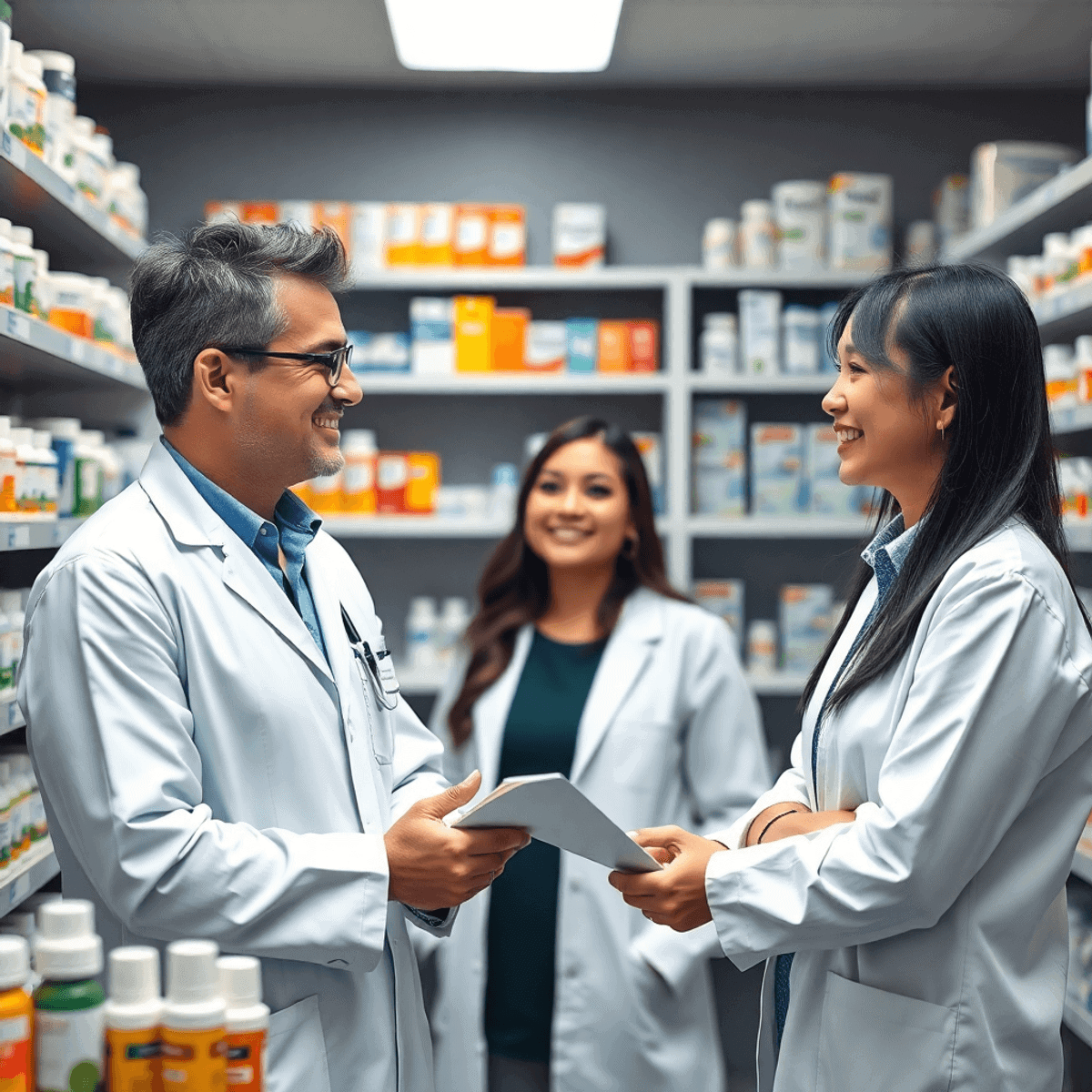 A modern pharmacy with a pharmacist consulting a patient, surrounded by medication shelves and prescription bottles.